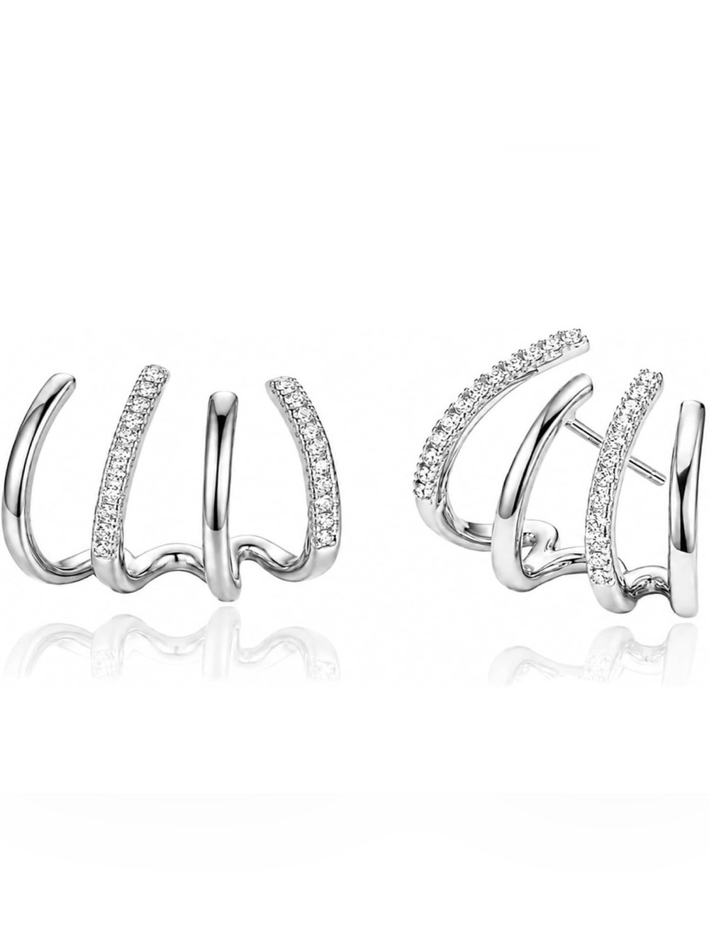 Silver Four-Claw Hoop Huggie Cuff Earrings • Illusion Multi-Piercing Look